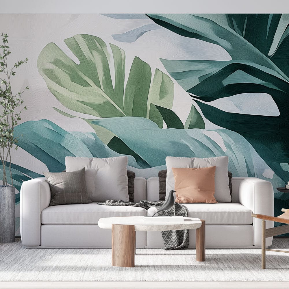 Modern living room featuring Monstera leaf wallpaper with sage green botanical pattern creating a fresh atmosphere