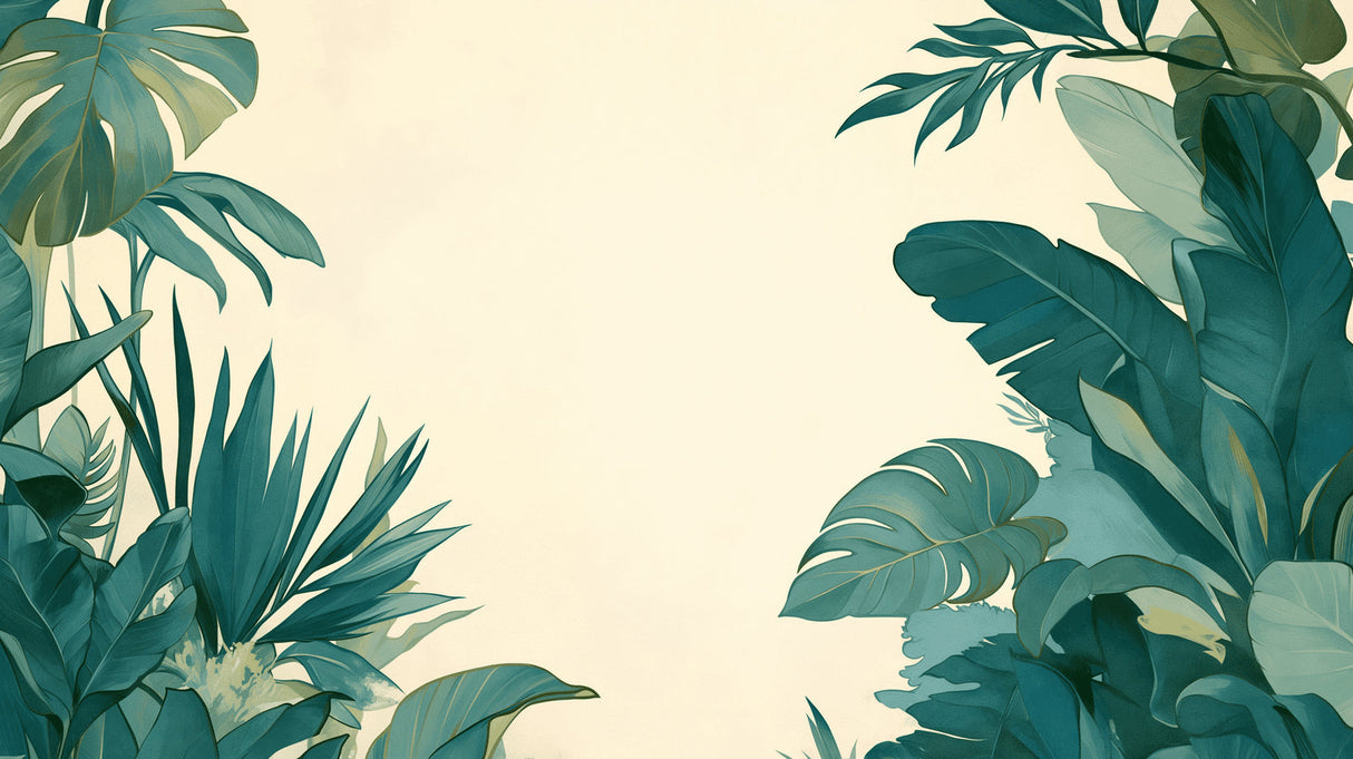 Dining area with Monstera wall mural showing lush green botanical pattern against warm beige background