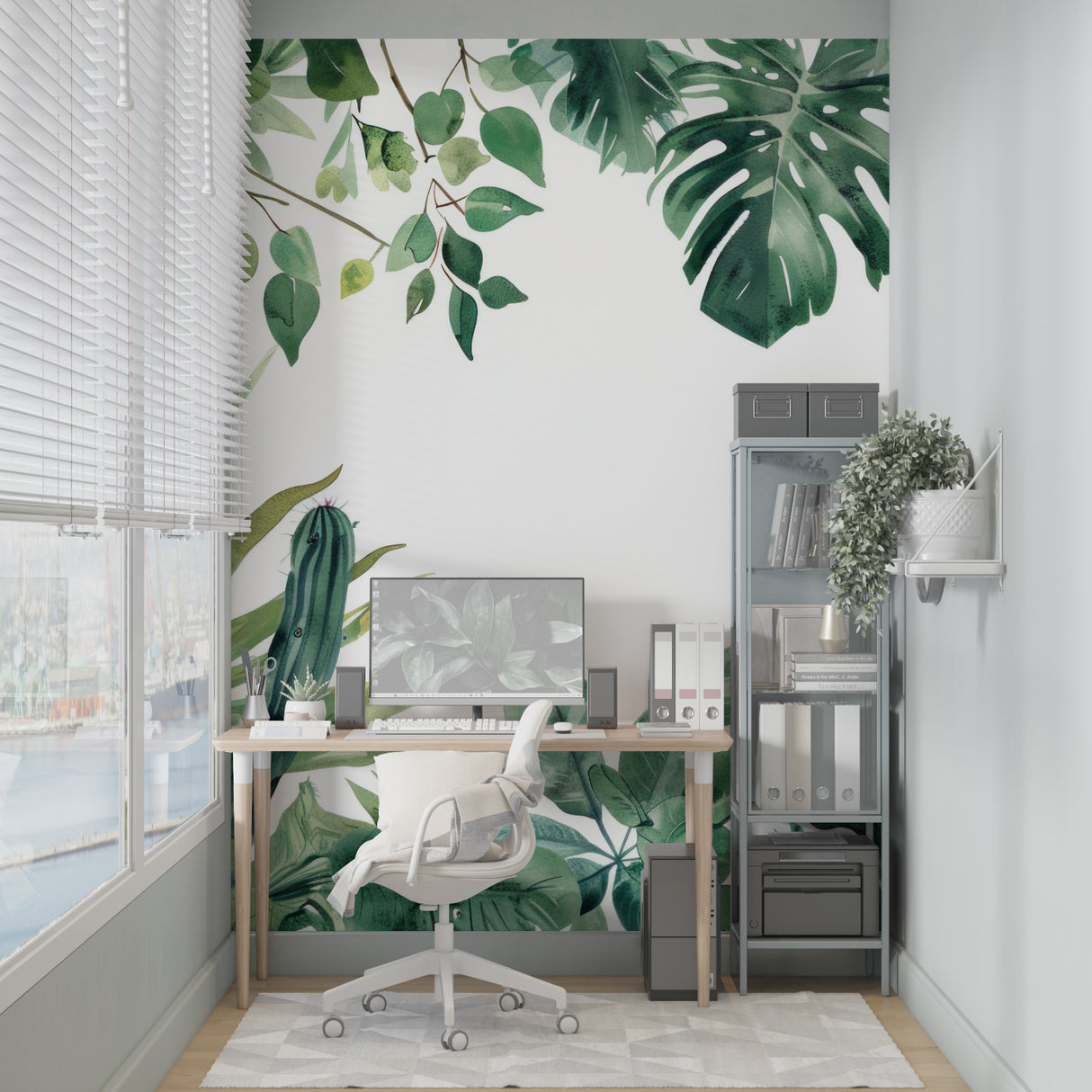 Tropical leaf mural creating a fresh atmosphere in home office with wooden desk