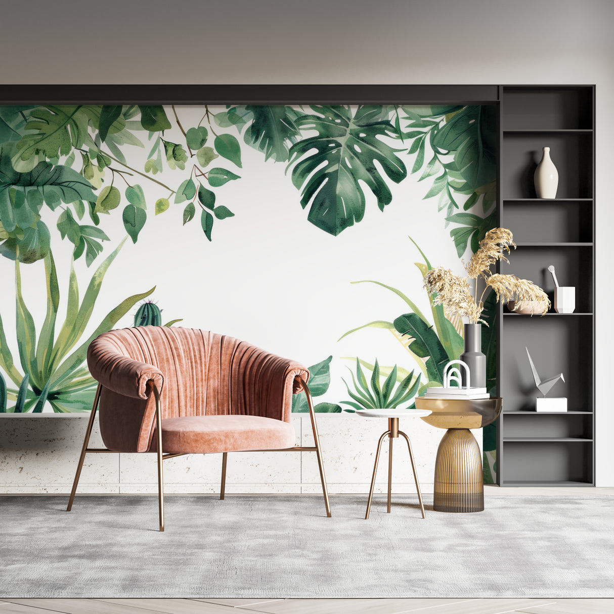 Green Monstera wallpaper in dining room with contemporary furniture