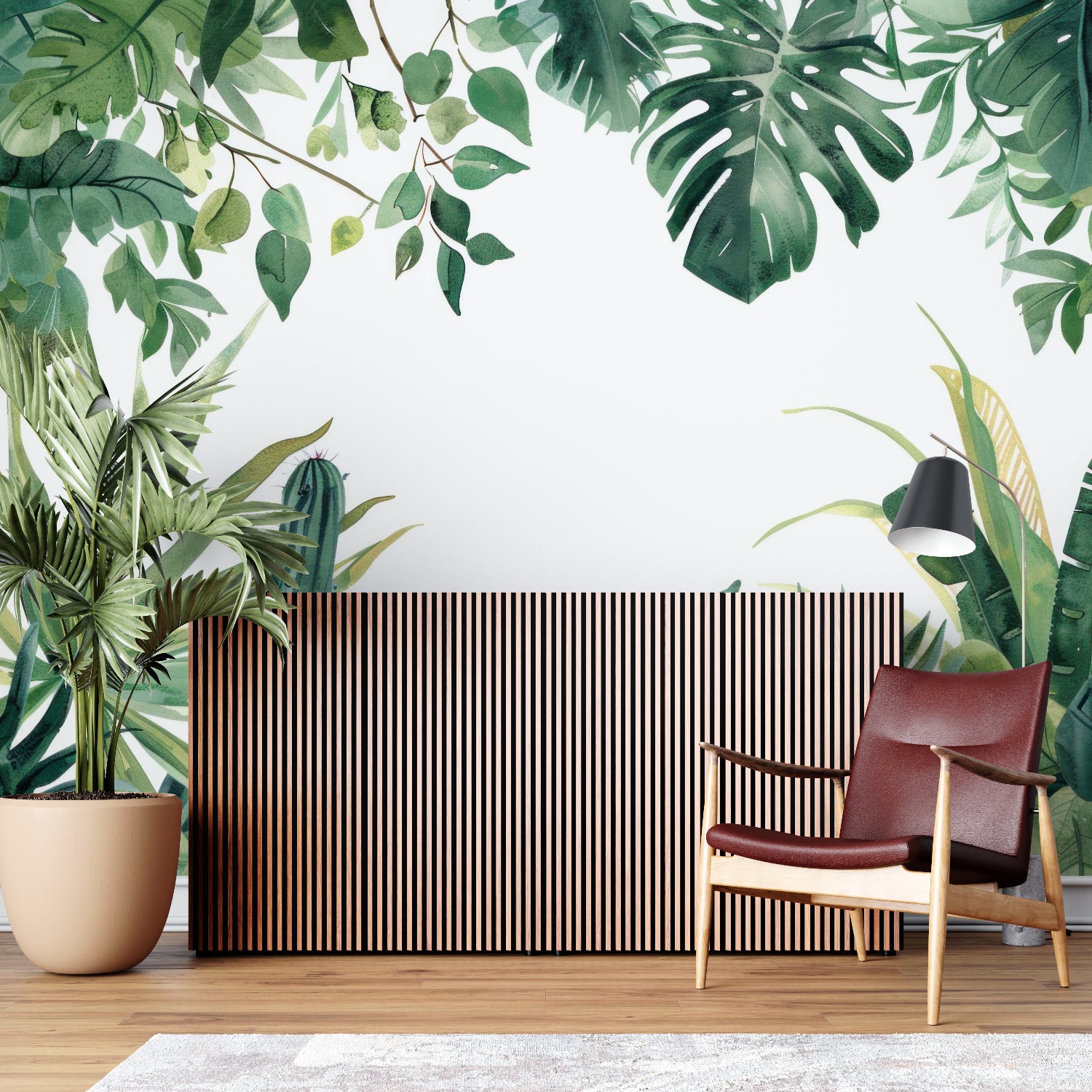 Botanical wall mural adding natural touch to bedroom with minimalist decor