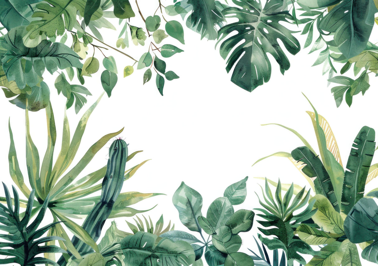 Design file showing detailed Monstera leaves and cactus pattern on white background