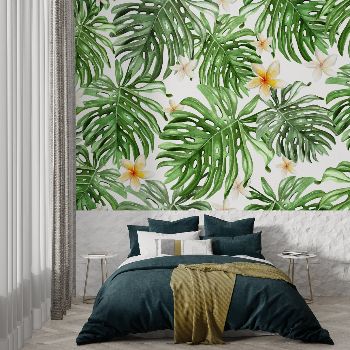 Monstera leaf wallpaper creating a fresh atmosphere in a modern living room with natural light