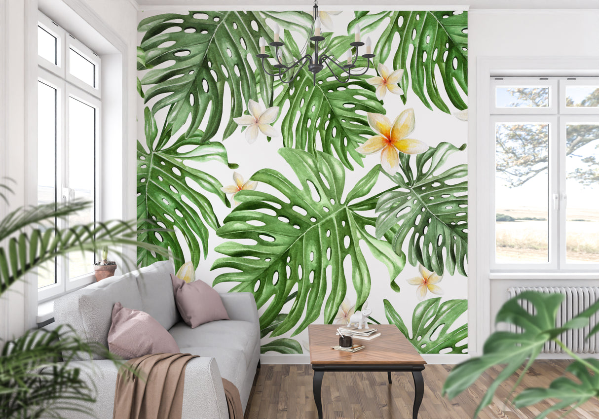 Botanical leaf wallpaper bringing nature into a home office space