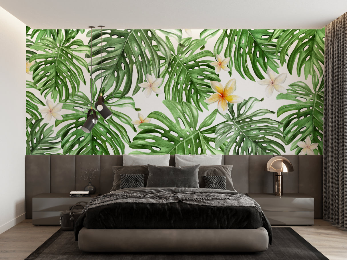Monstera wall mural in a dining room with natural decor elements