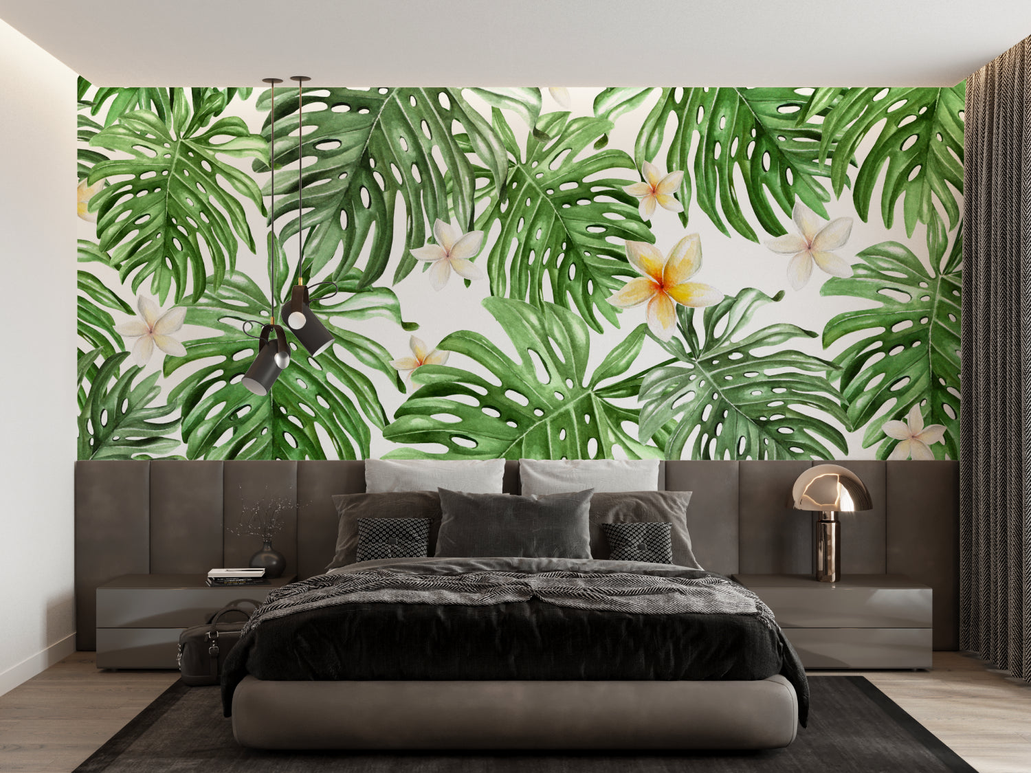 Monstera wall mural in a dining room with natural decor elements