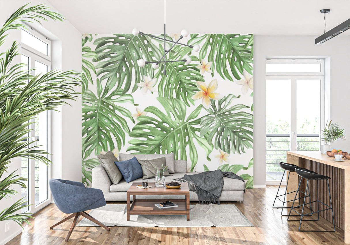 Green monstera leaf pattern adding life to a minimalist hallway
