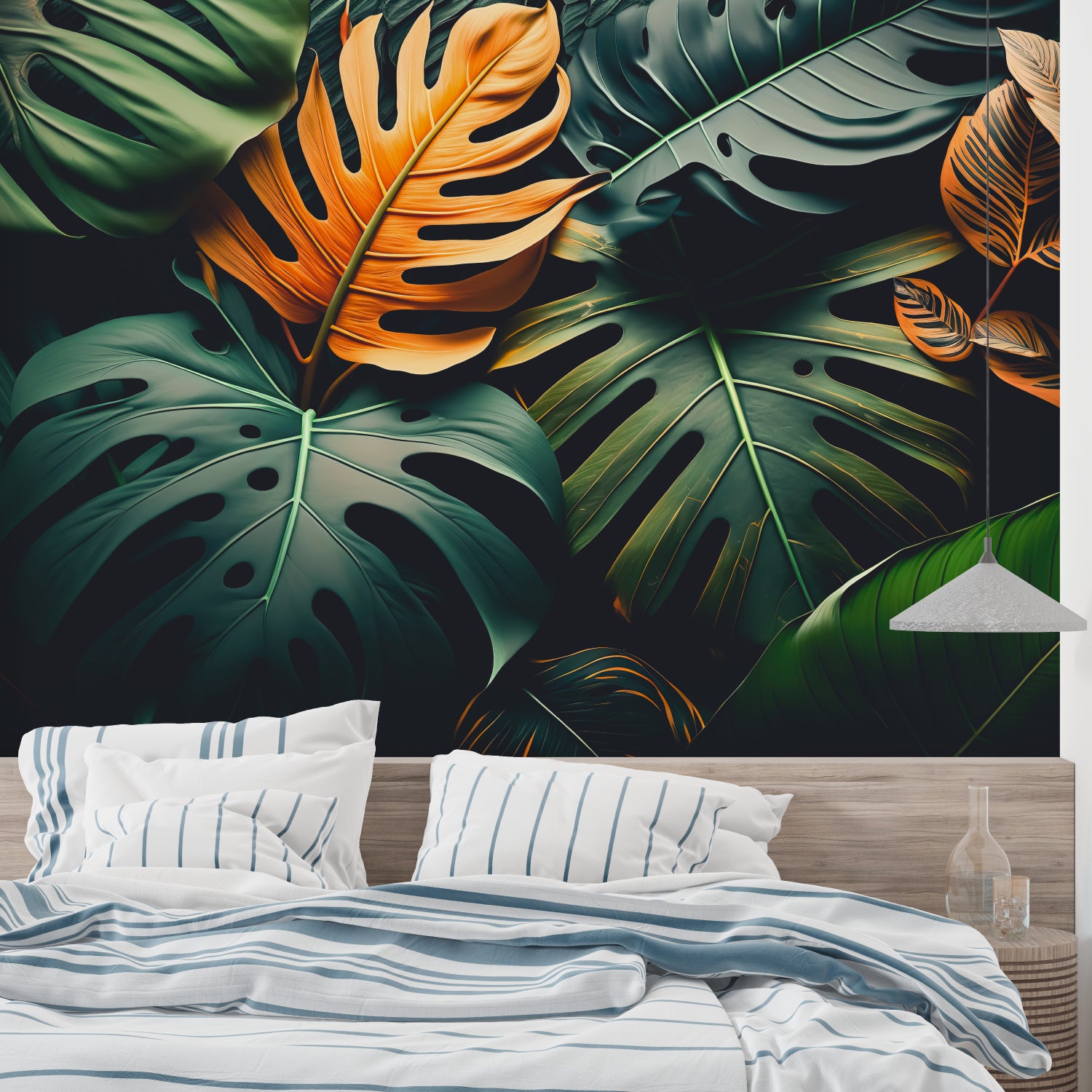 Dining room with tropical Monstera wallpaper showcasing orange and green leaves