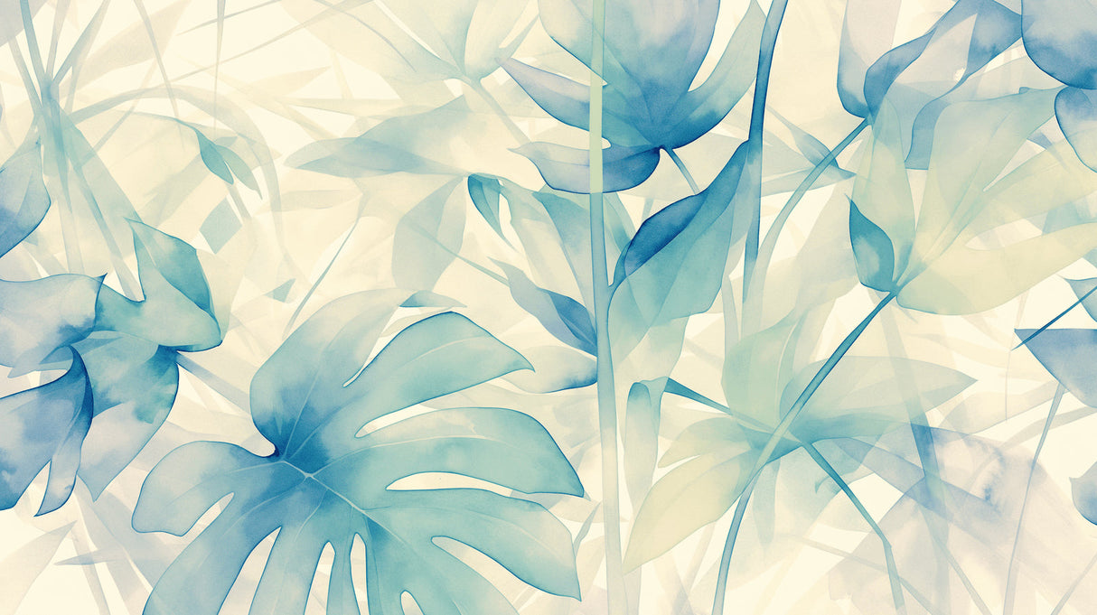 Watercolor Monstera wall mural creating calm atmosphere in master bedroom