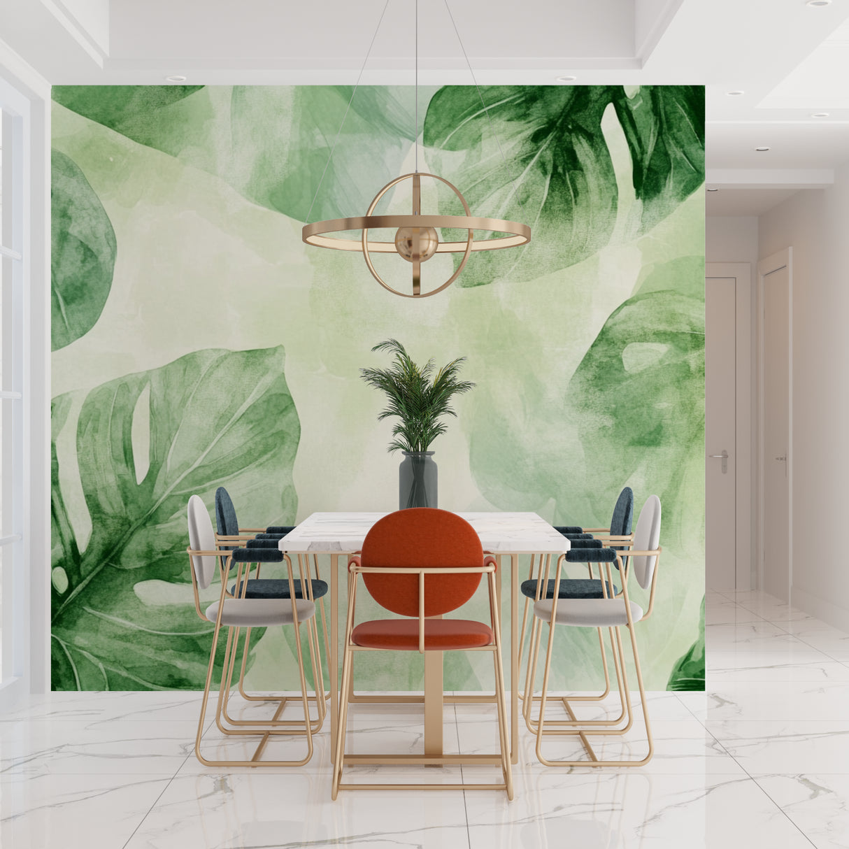 Botanical wall mural in bright dining room with monstera pattern