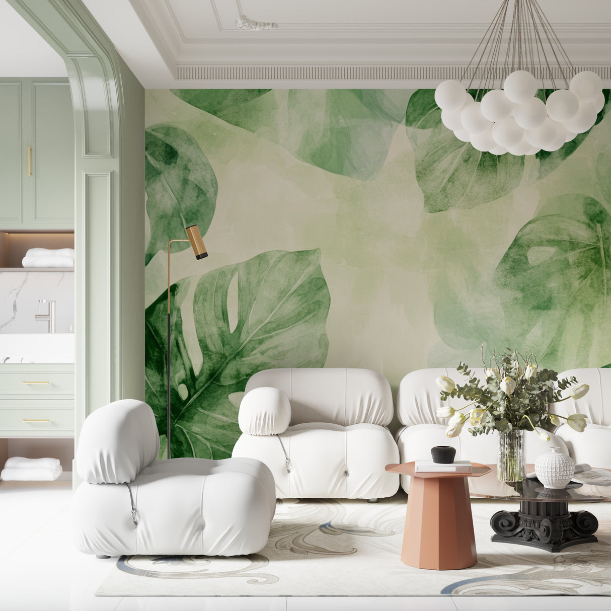 Green monstera wallpaper in home office creating fresh atmosphere