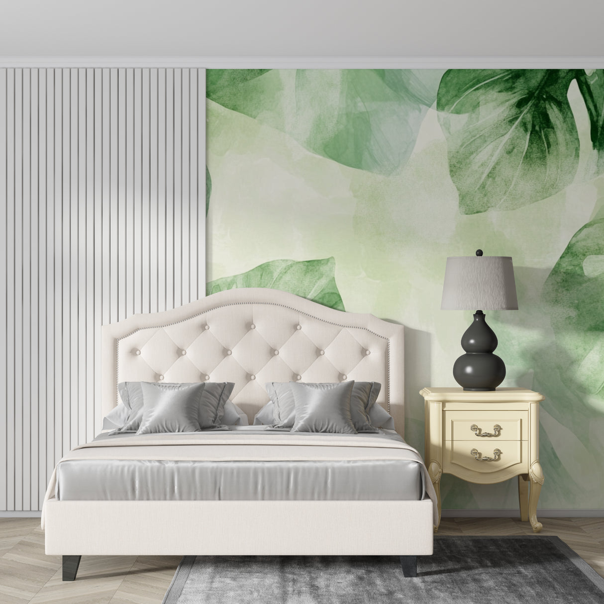 Watercolor monstera leaf mural in bedroom showing scale and detail