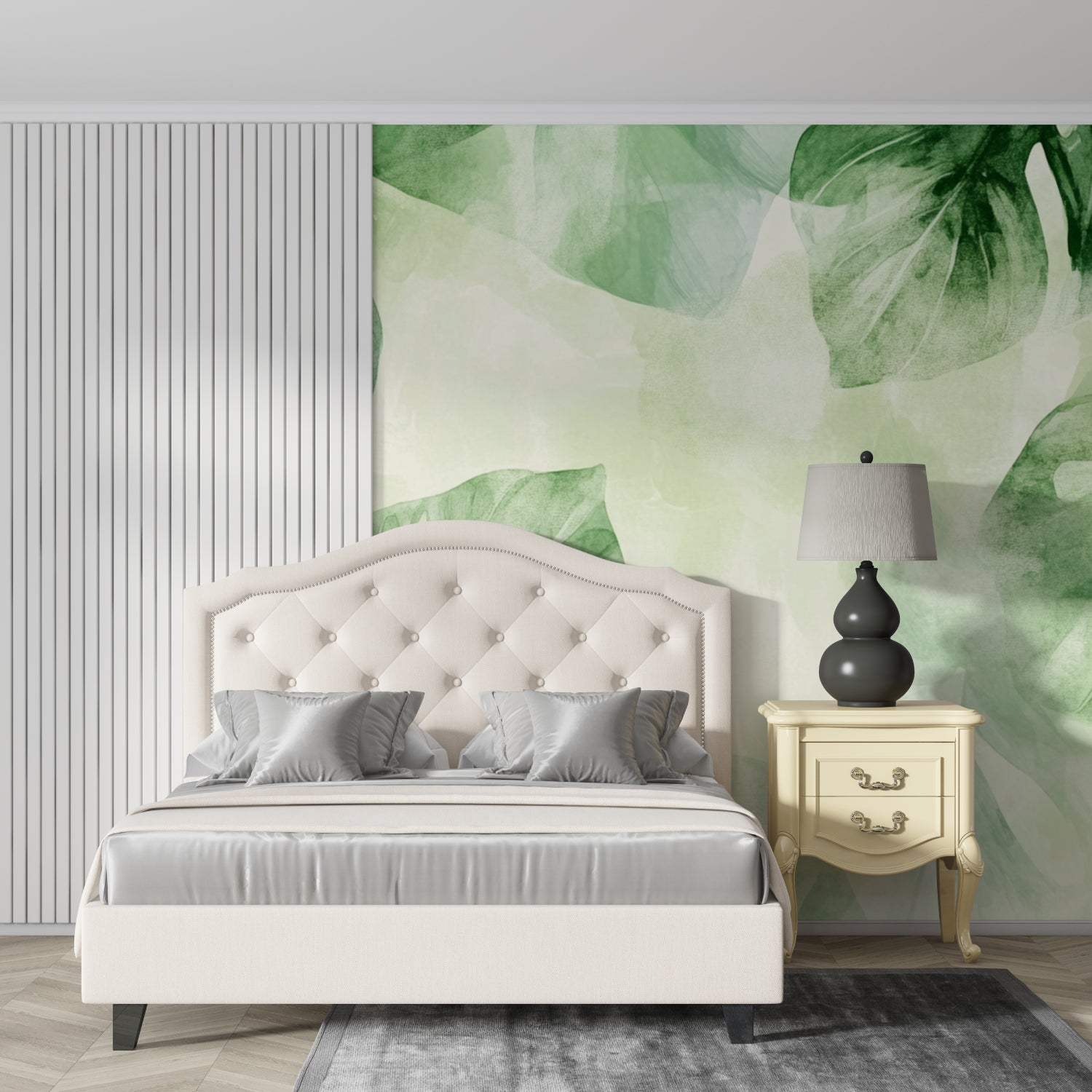 Watercolor monstera leaf mural in bedroom showing scale and detail