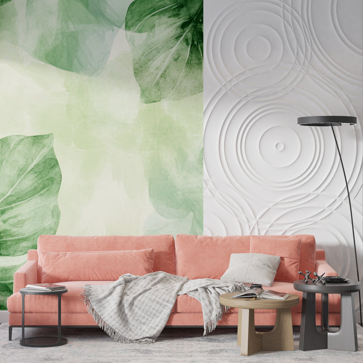 Tropical leaf wallpaper installed in entrance hall with natural lighting