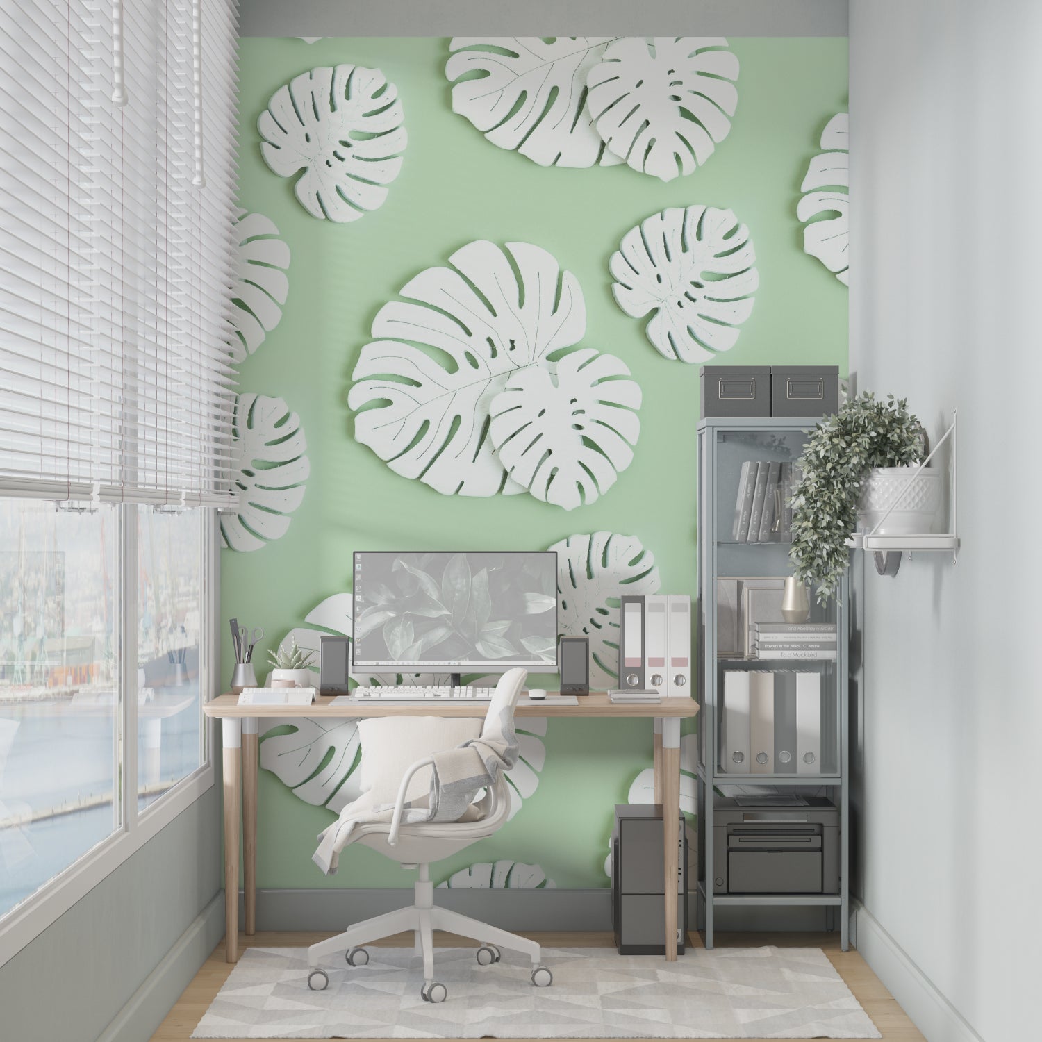 Dining area showcasing white Monstera leaf pattern on mint green background