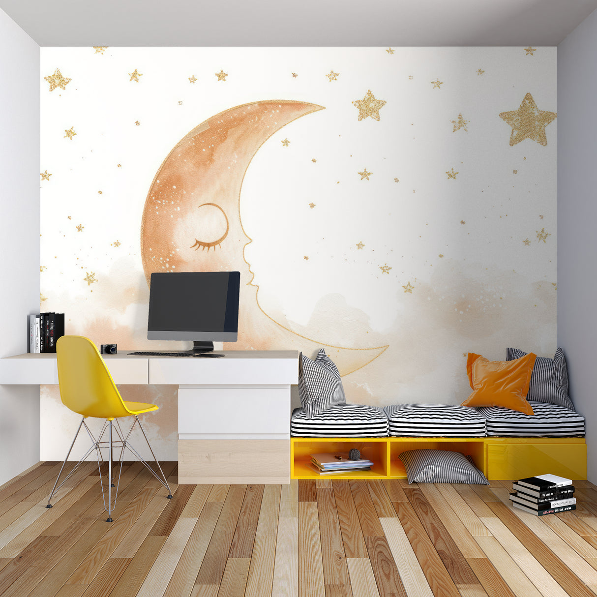 Moon and stars wallpaper in a cozy nursery with soft lighting showing the golden celestial design