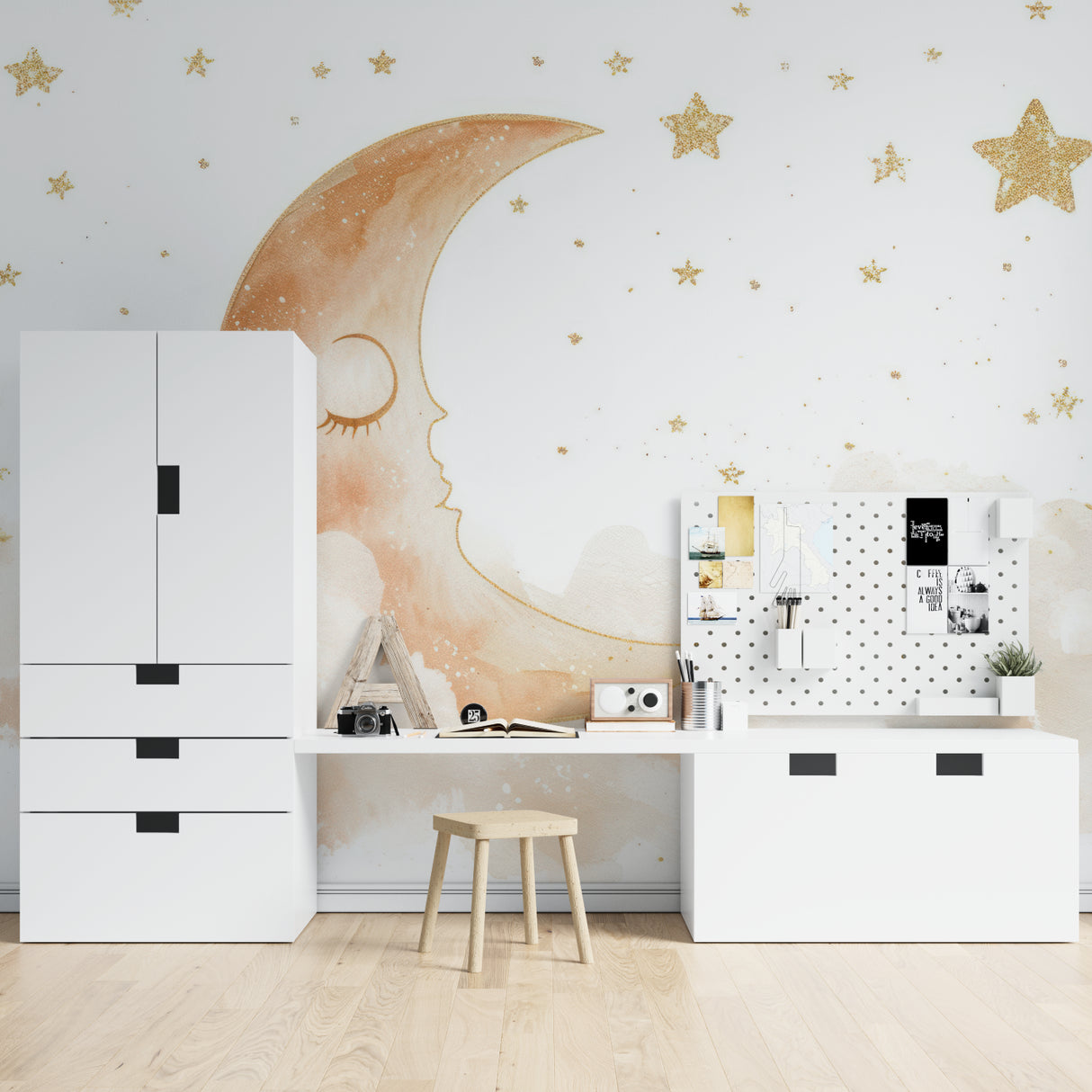 Celestial wallpaper creating magic in a kid's bedroom with fairy lights