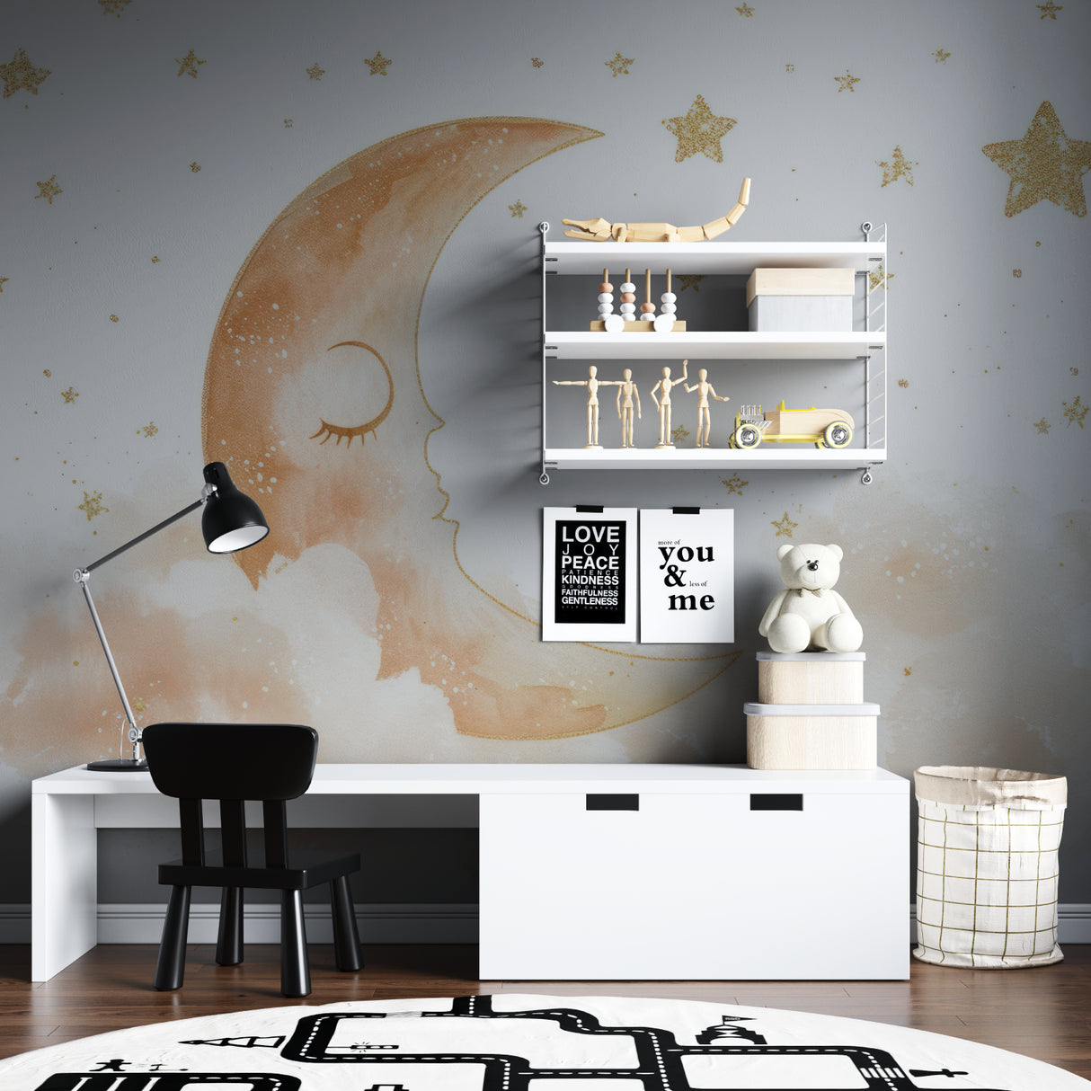 Gold moon and stars mural in a reading nook with comfy cushions