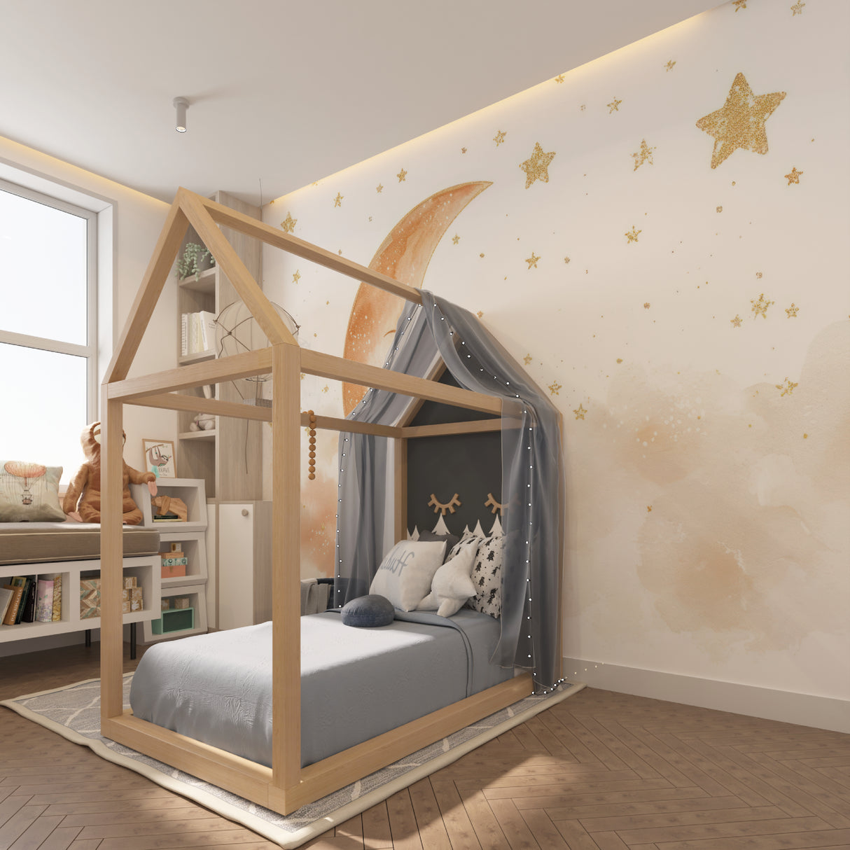 Night sky wallpaper transforming a playroom with magical golden details