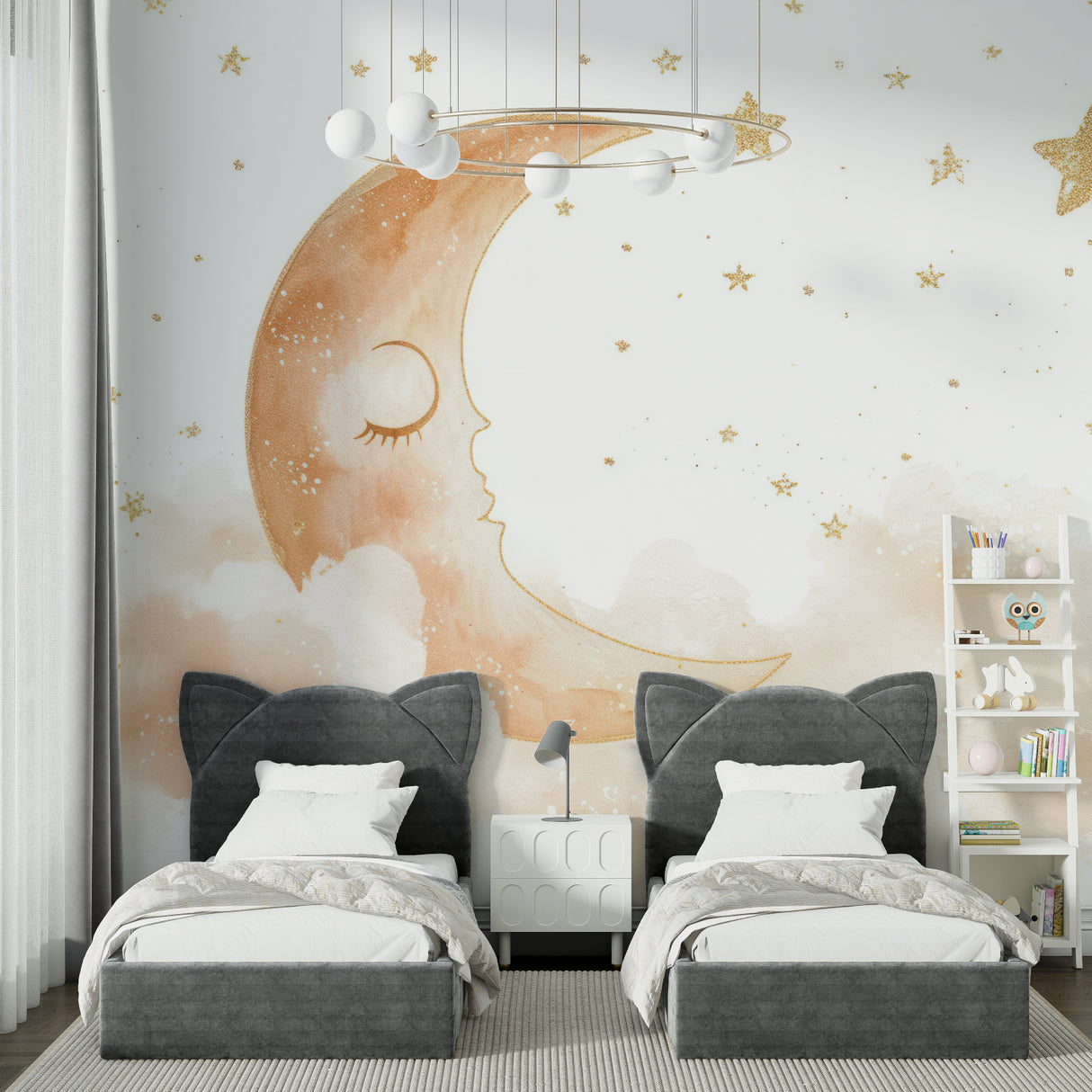 Moon wall mural bringing warmth to a modern bedroom setup