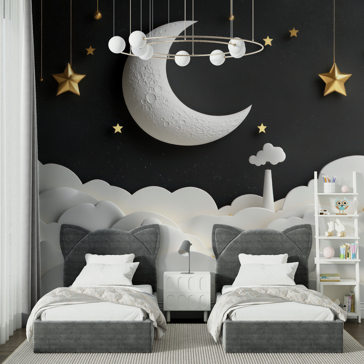 Night sky wallpaper with golden stars in a modern bedroom creating a peaceful sleeping environment