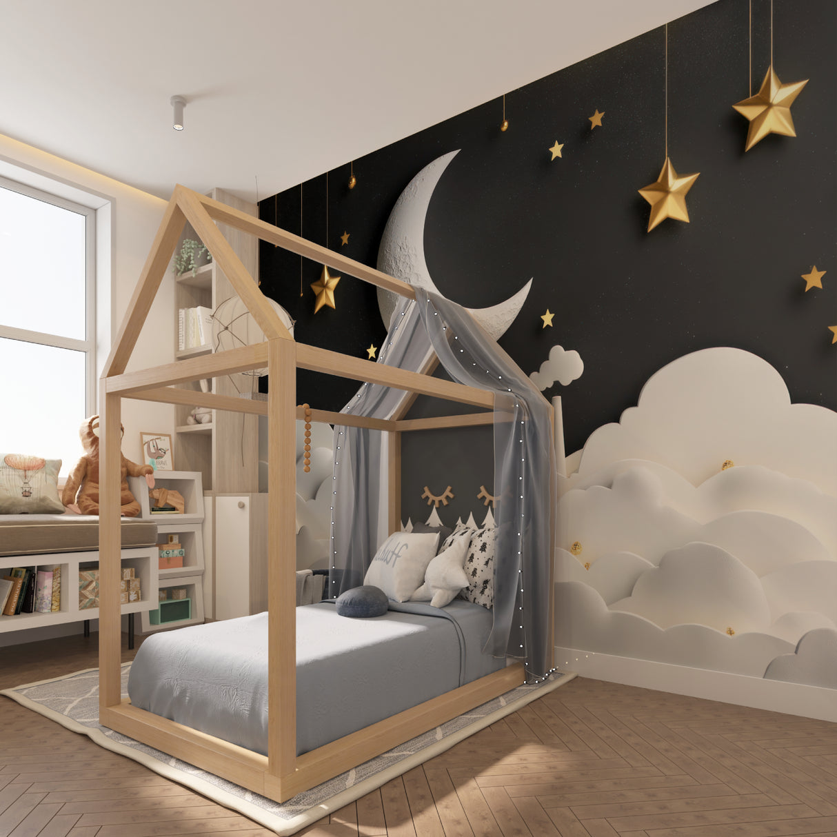 Moon and stars mural wallpaper displayed in a cozy nursery with soft lighting