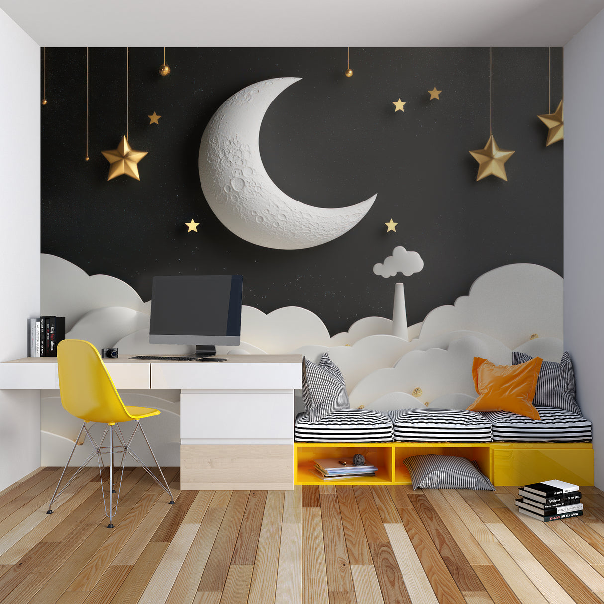 3D moon wallpaper bringing magic to a child's reading nook