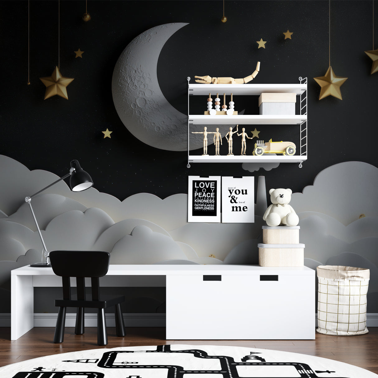Celestial wall mural showcased in a master bedroom with gold accents