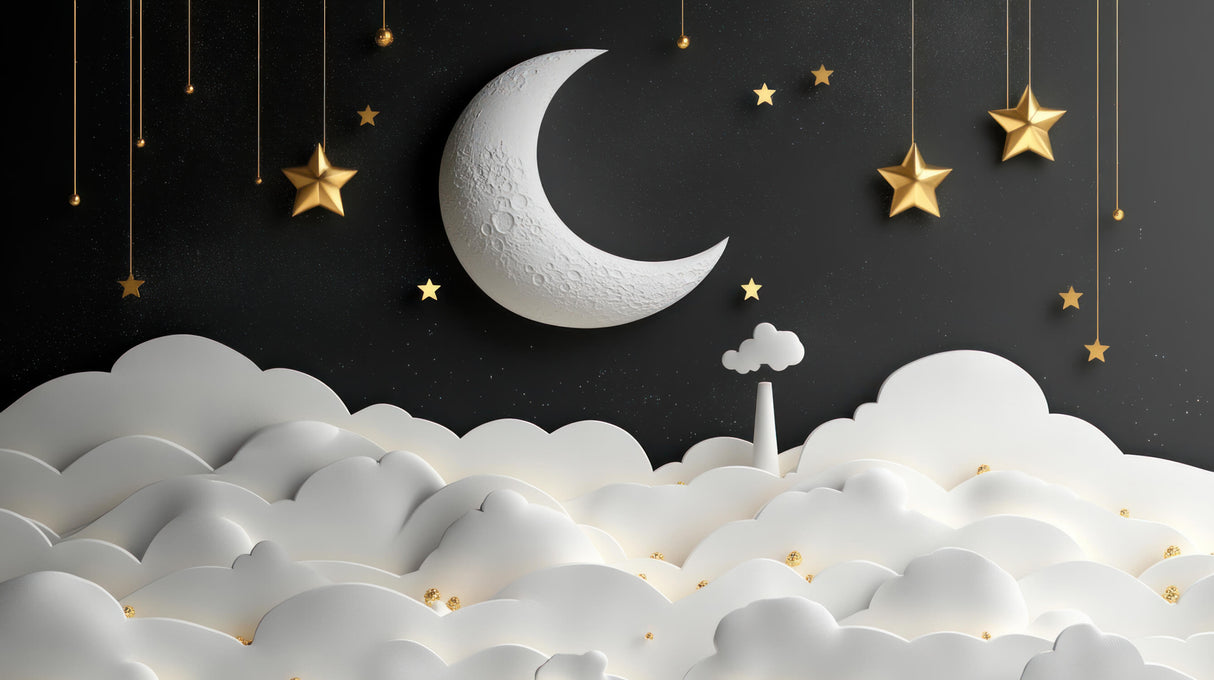 Night sky wallpaper design file showing detailed moon texture and golden star pattern