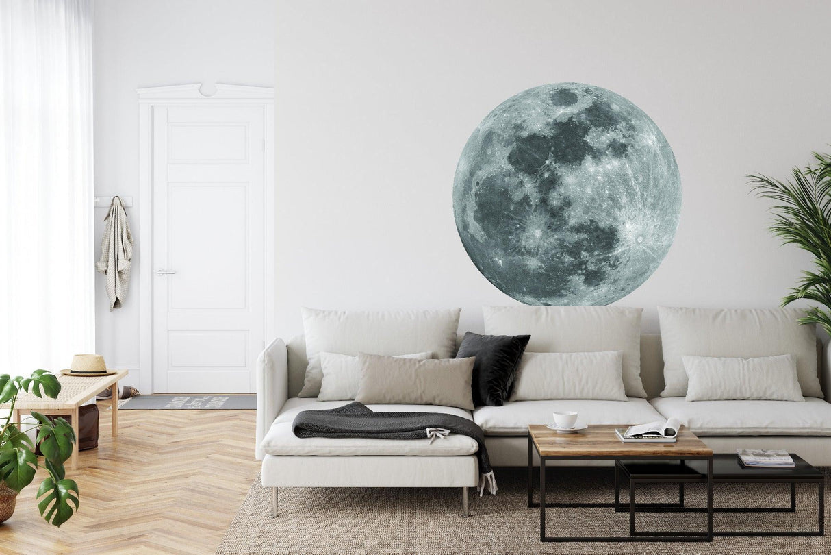 Moon wall mural creates focal point in modern meditation room
