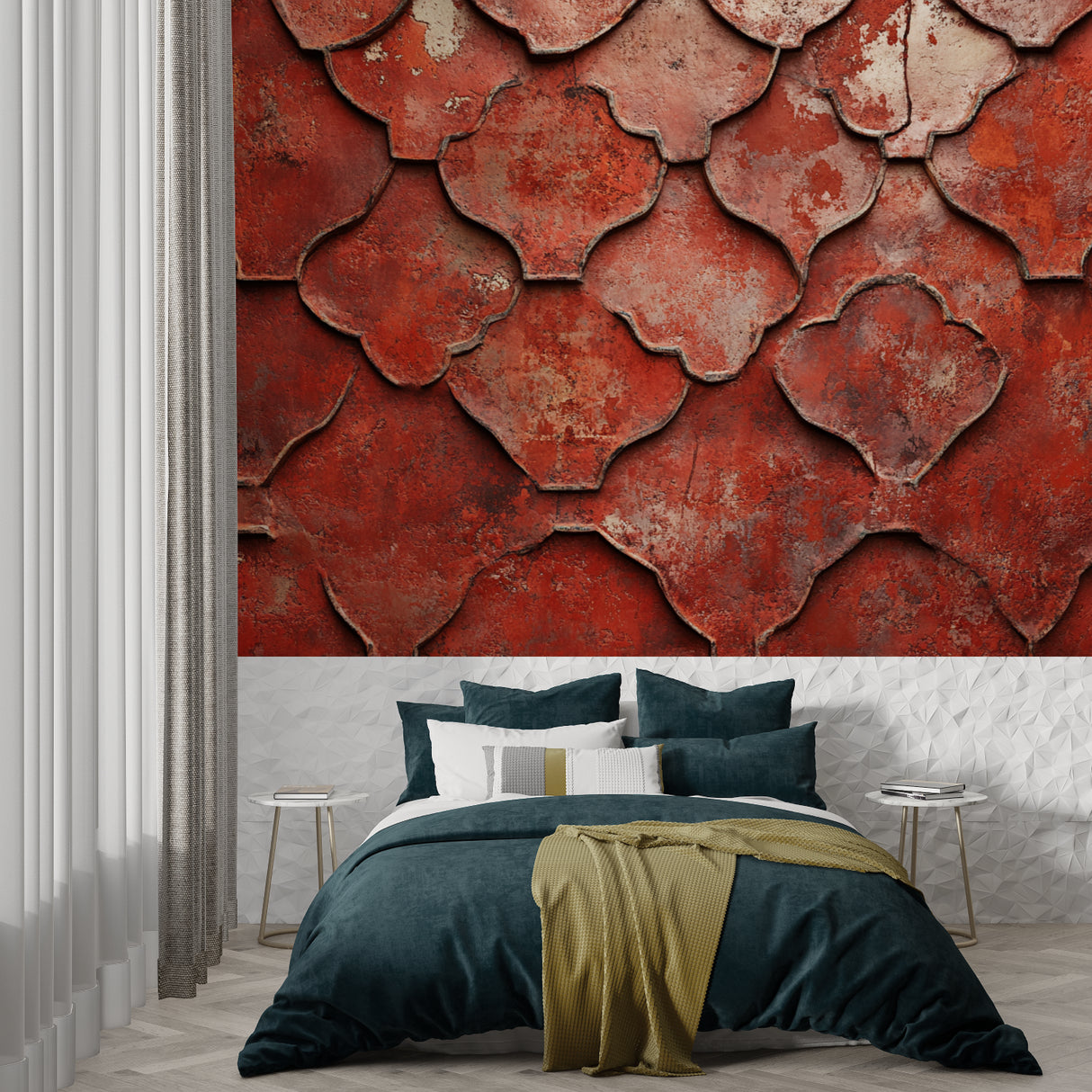 Moroccan pattern wallpaper in warm terracotta tones creating depth in a modern living room