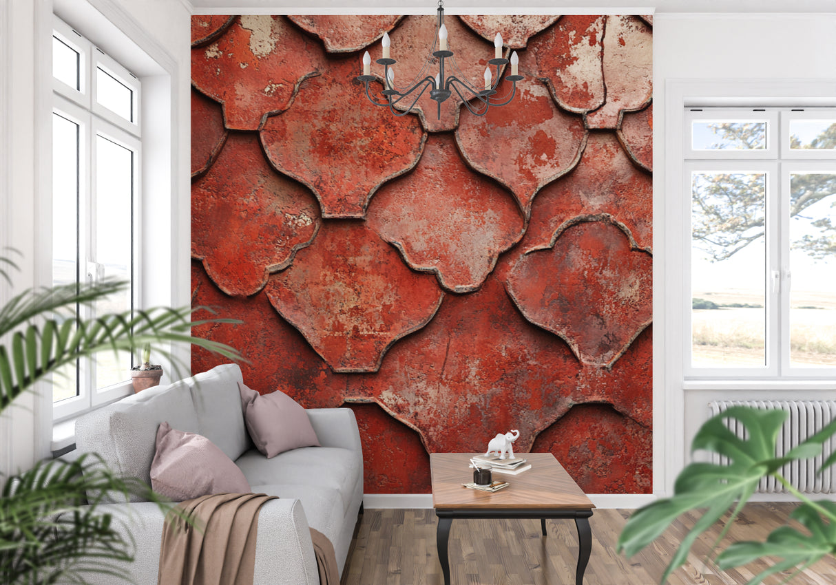 Geometric Moroccan wall mural adding warmth to a dining room setting