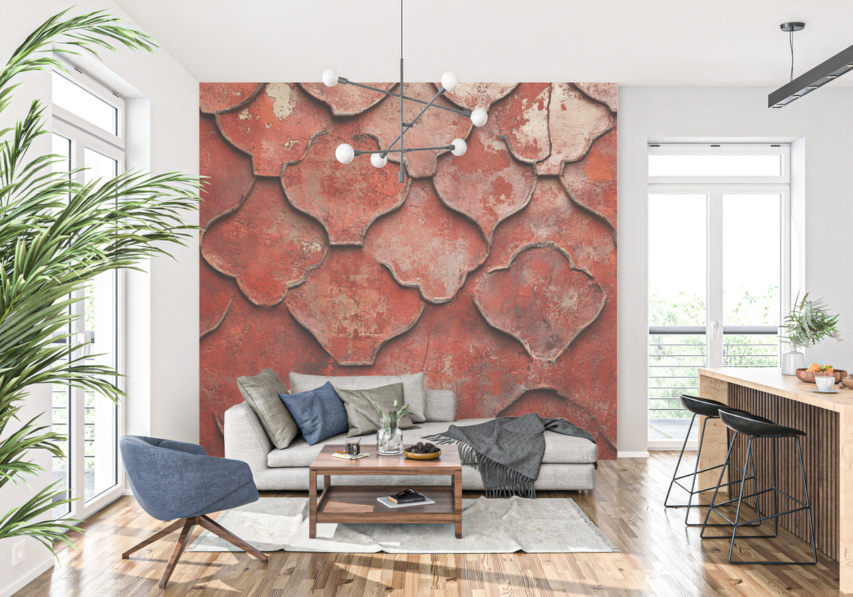 Mediterranean style terracotta wallpaper bringing character to a home office