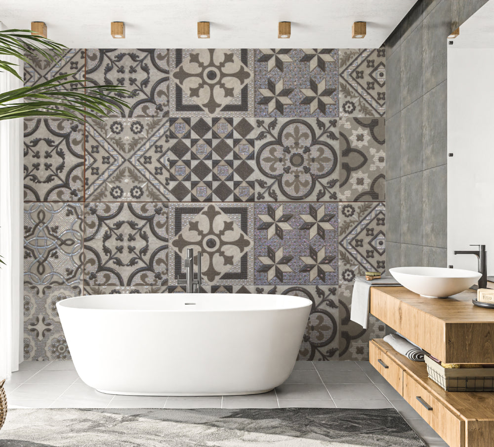 Moroccan tile wallpaper in modern grey living room, creating an elegant backdrop for contemporary furniture