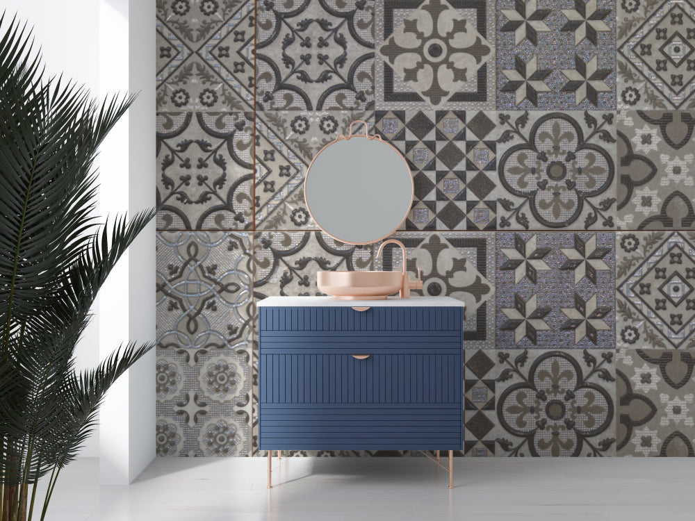 Geometric tile mural in grey dining room showing intricate Moroccan patterns