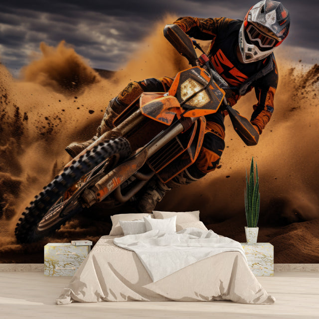 Motocross racing wallpaper in modern teen bedroom showing orange motorcycle in action