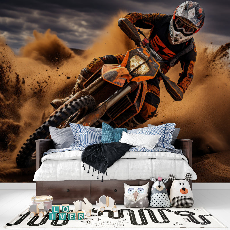Sports action wallpaper bringing energy to gaming room with dynamic motocross scene