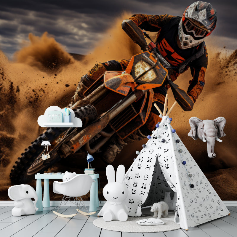 Motorcycle wall mural creating bold statement in home office space