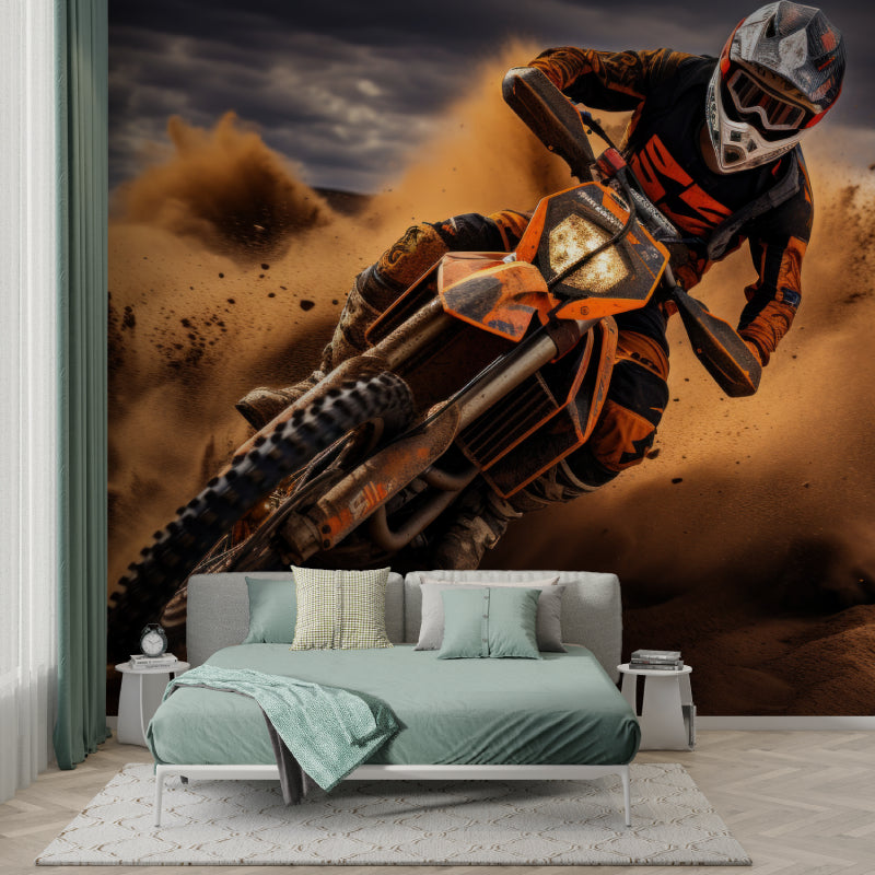 Orange motocross wallpaper enhancing man cave with racing action