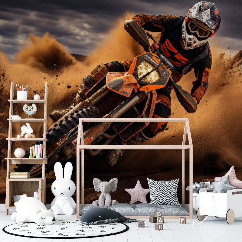 Racing mural wallpaper transforming living room with dynamic sports theme