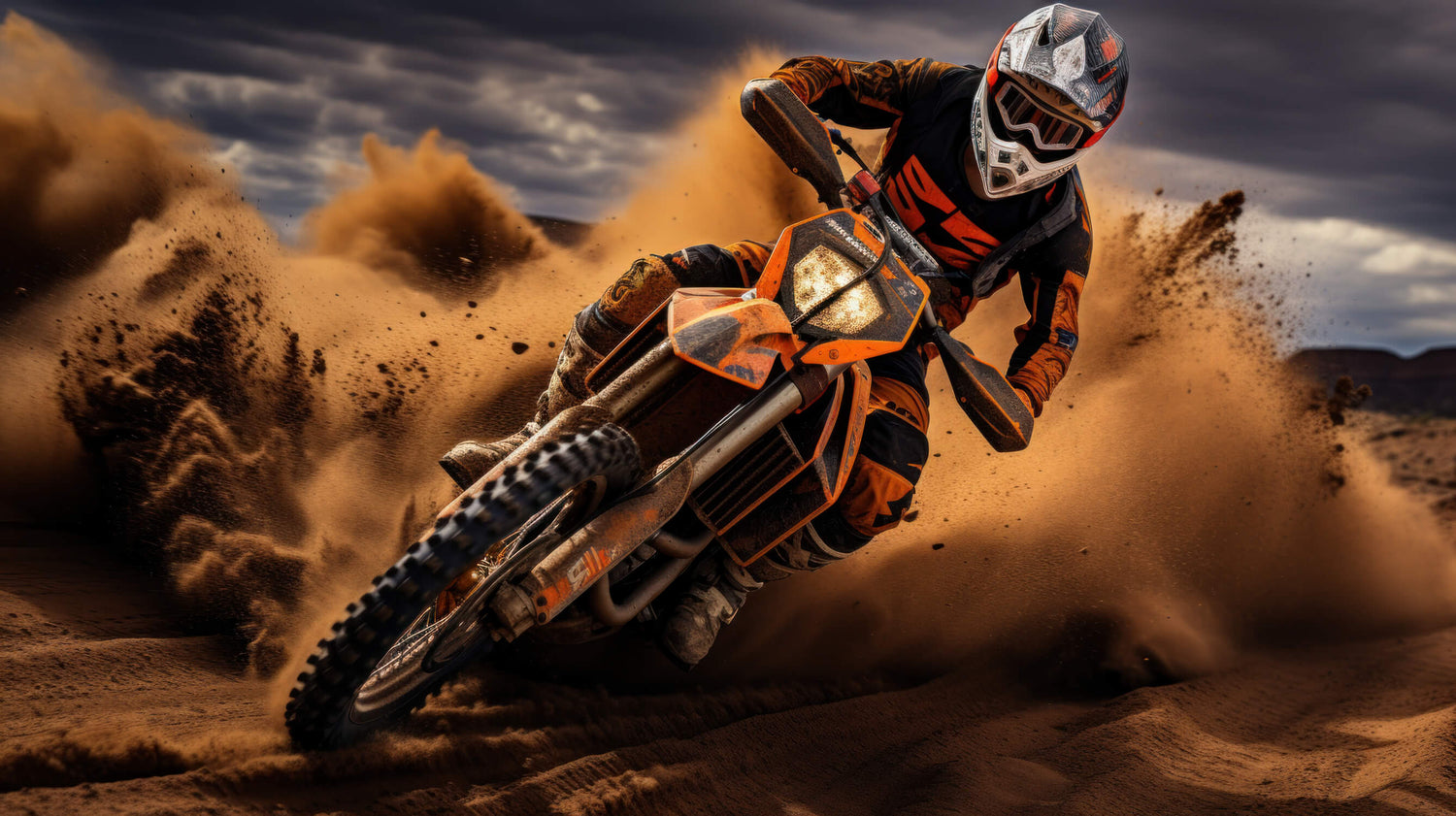 Design file showing detailed motocross pattern with dramatic desert backdrop and orange motorcycle