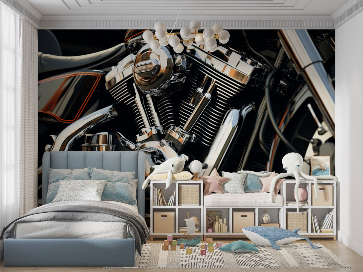 Motorcycle engine wallpaper in modern industrial home office, chrome details gleaming against dark wall