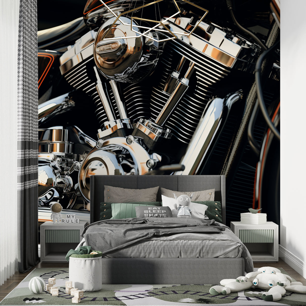 Chrome engine mural creating focal point in teen bedroom with industrial theme