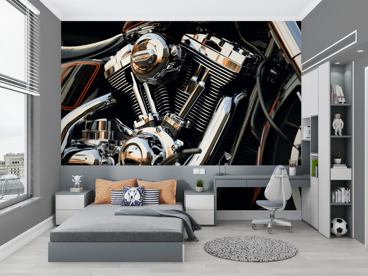 Mechanical engine mural adding bold character to man cave design