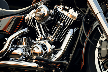 Design file showing detailed chrome motorcycle engine pattern with deep black background