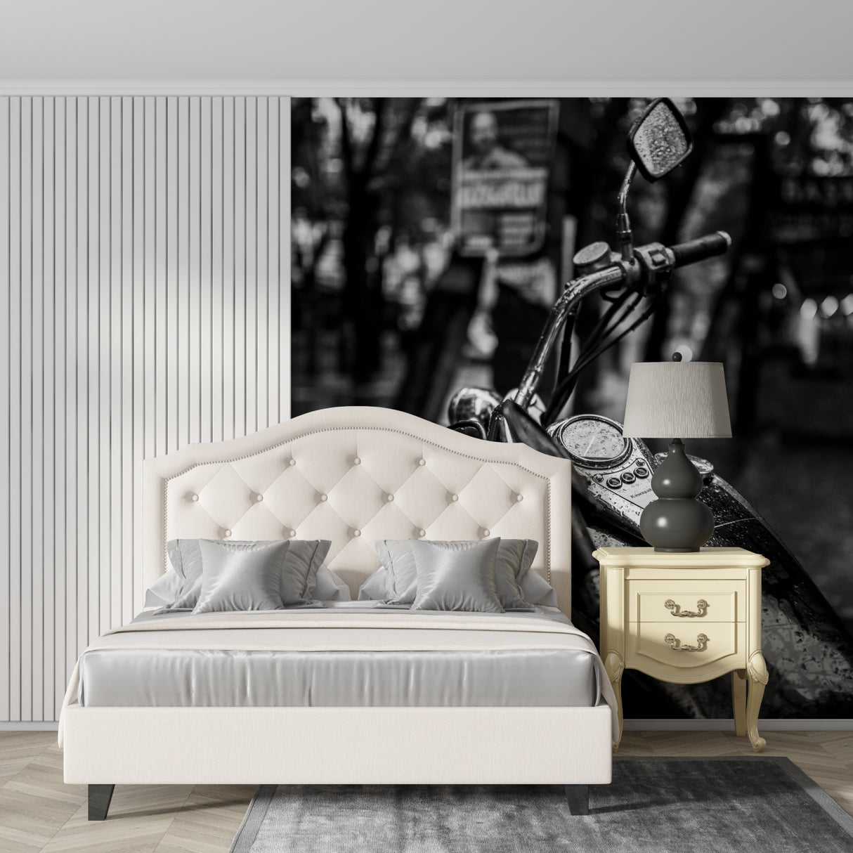 Black and white motorcycle wallpaper as feature wall in industrial style home office