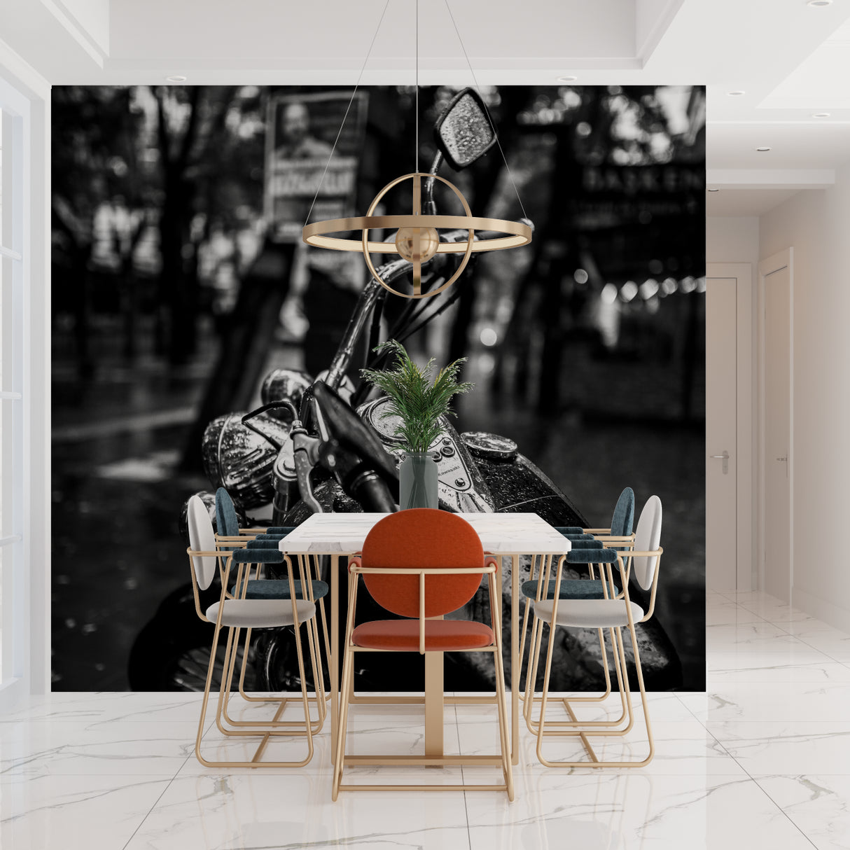 Urban motorcycle mural adding character to contemporary bedroom design