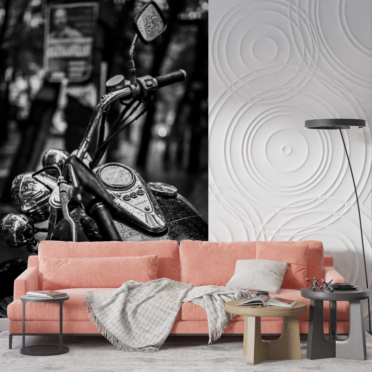 Monochrome motorcycle wall art creating focal point in modern dining room