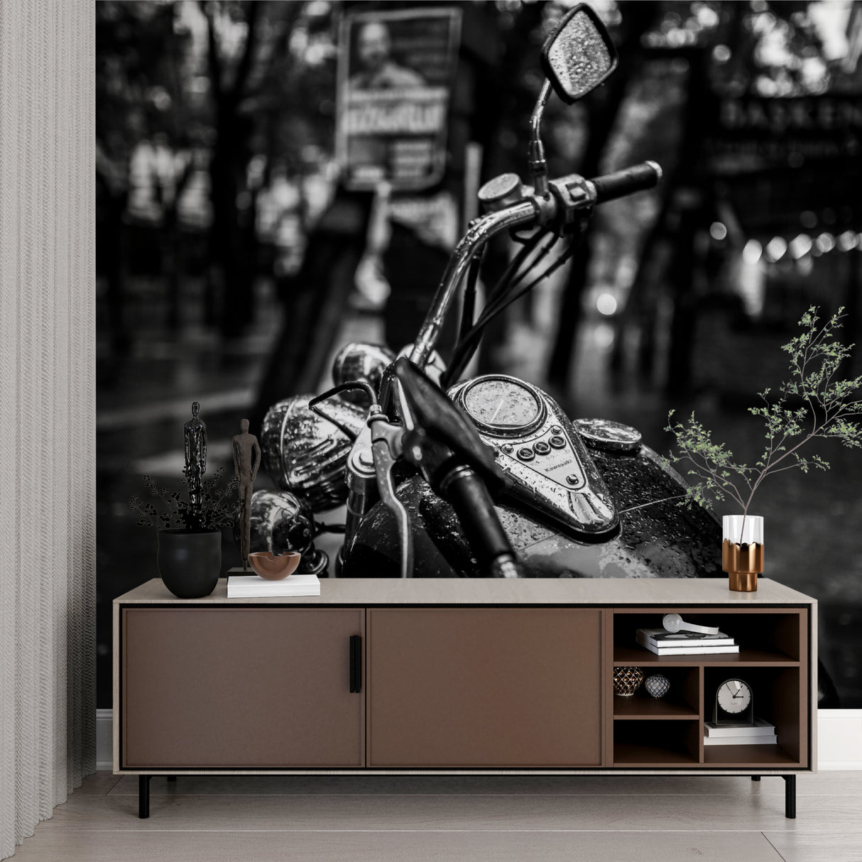 Black and white urban motorcycle wallpaper enhancing man cave style