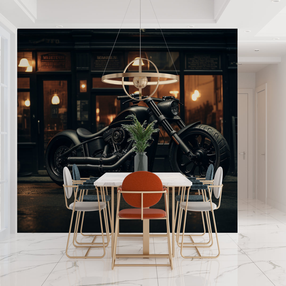 Motorcycle wallpaper in modern office space showing black custom bike against night city lights